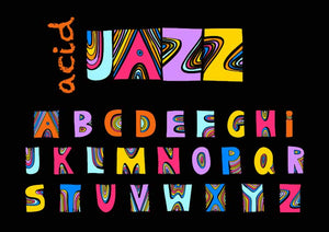  Rafa Selase acid jazz music image that uses all the colors in the spectrum with black background and acid jazz in writing