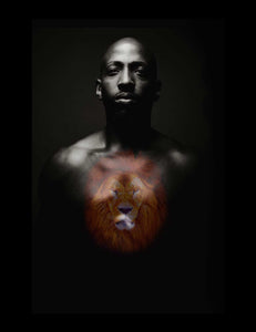 Rafa Selase poems about africa image with dark skinned chiseled black man and a overlay lion image on the chest